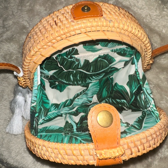 Woven Round Rattan Crossbody Bag with Tassel - Brown - Picture 3 of 3